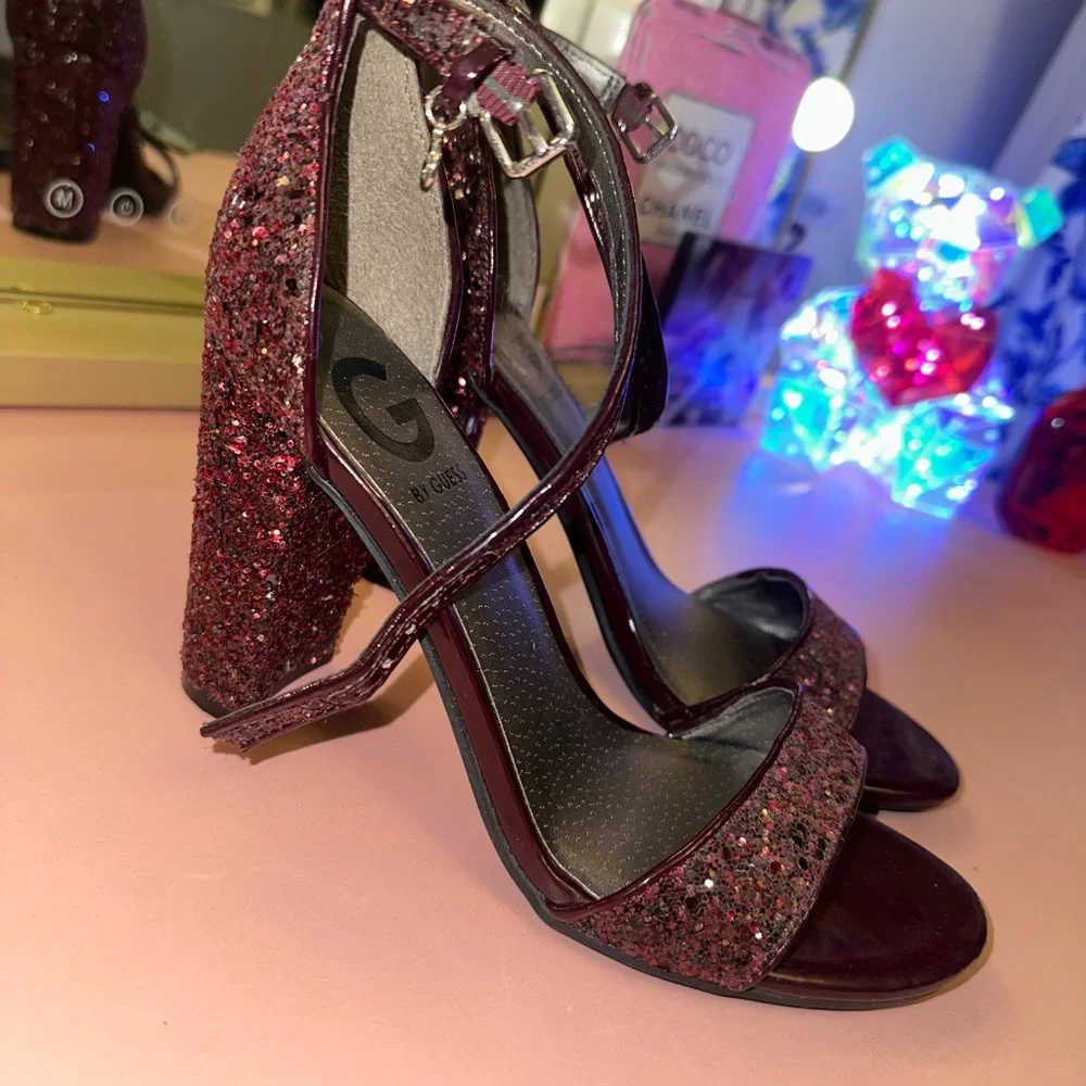 G by Guess Burgundy Glitter Ankle-Strap Heels - Picture 2 of 2